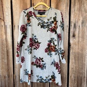 Polly & Esther Floral Dress Sz LGray Rose Print Boho Cottagecore Soft Grunge